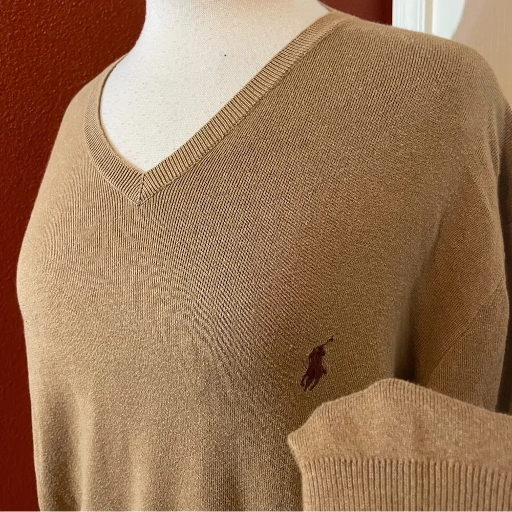 Polo‎ Ralph Lauren Men’s Vintage Pima Cotton V Neck Preppy Brown Slouchy Sweater